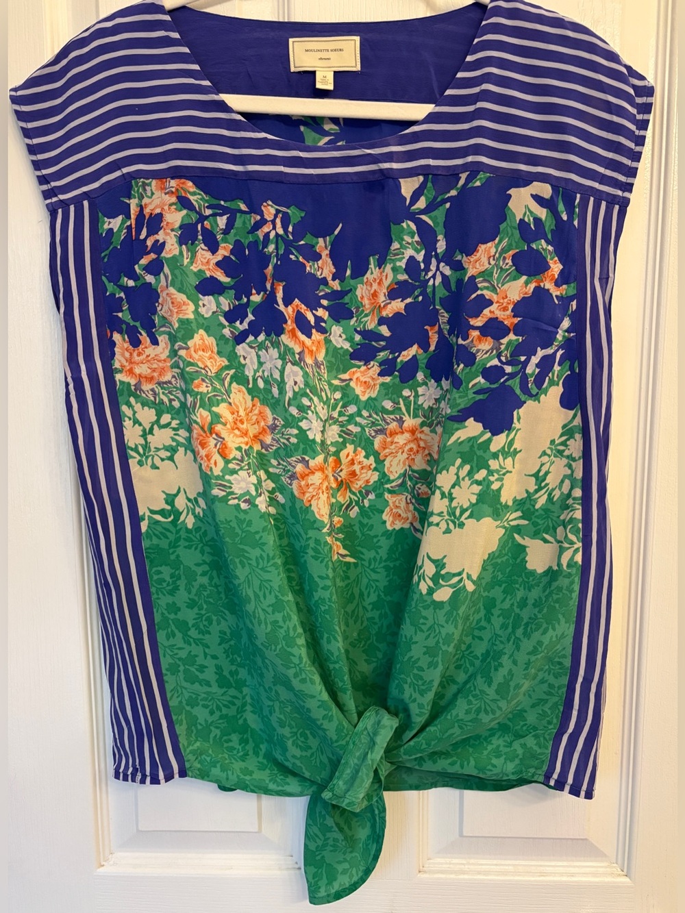 Anthropologie Moulinette Soeurs Blue Floral Silk Tie-Front Blouse ~ Women’s Med